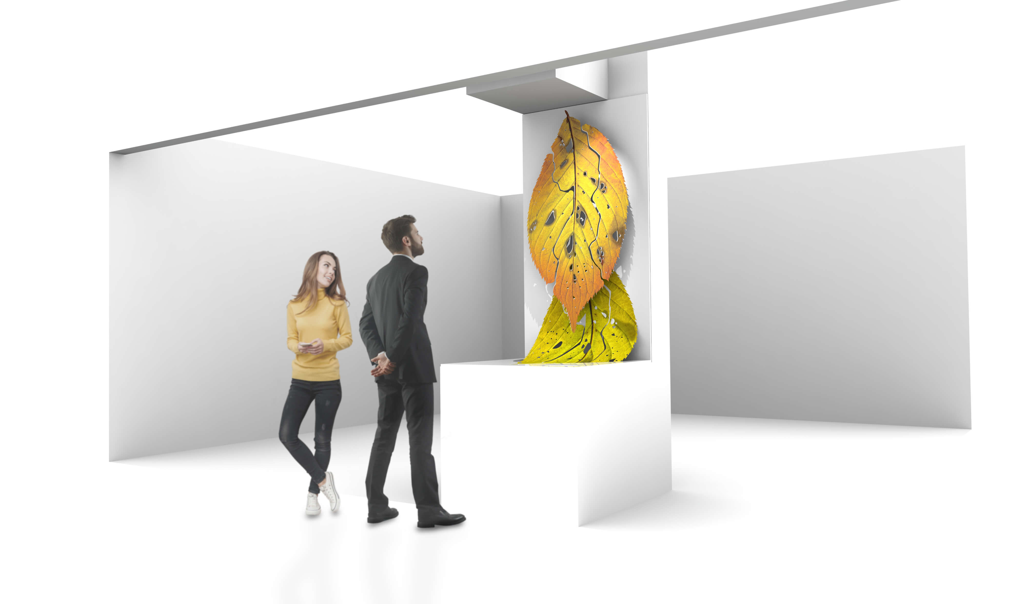 「4features」と名付けられたこの巨大な葉は日鉄日新製鋼株式会社様の開発品である「高意匠イクジェット印刷鋼板」を用いたオブジェであり、 インクジェット印刷鋼板の4つの技術的特徴を活かすことで造られています。