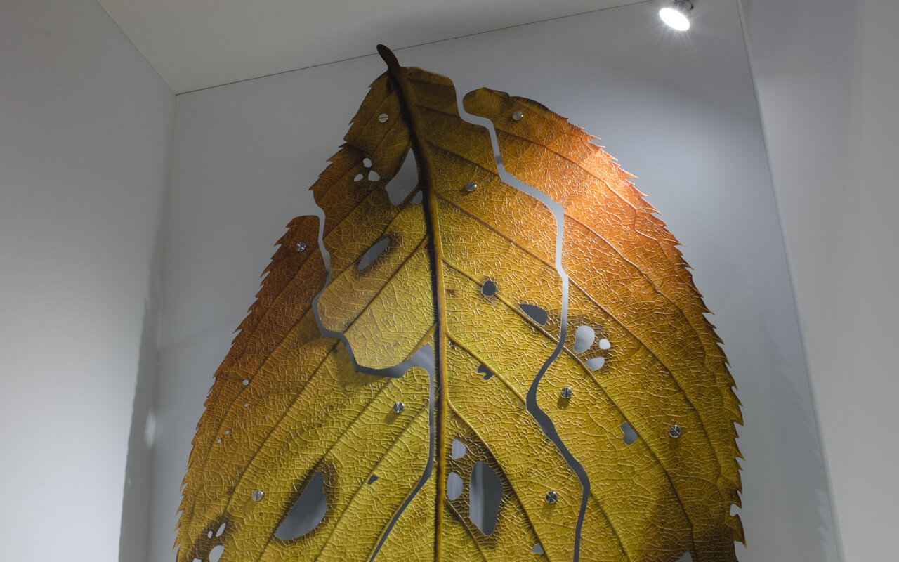 「4features」と名付けられたこの巨大な葉は日鉄日新製鋼株式会社様の開発品である「高意匠イクジェット印刷鋼板」を用いたオブジェであり、 インクジェット印刷鋼板の4つの技術的特徴を活かすことで造られています。