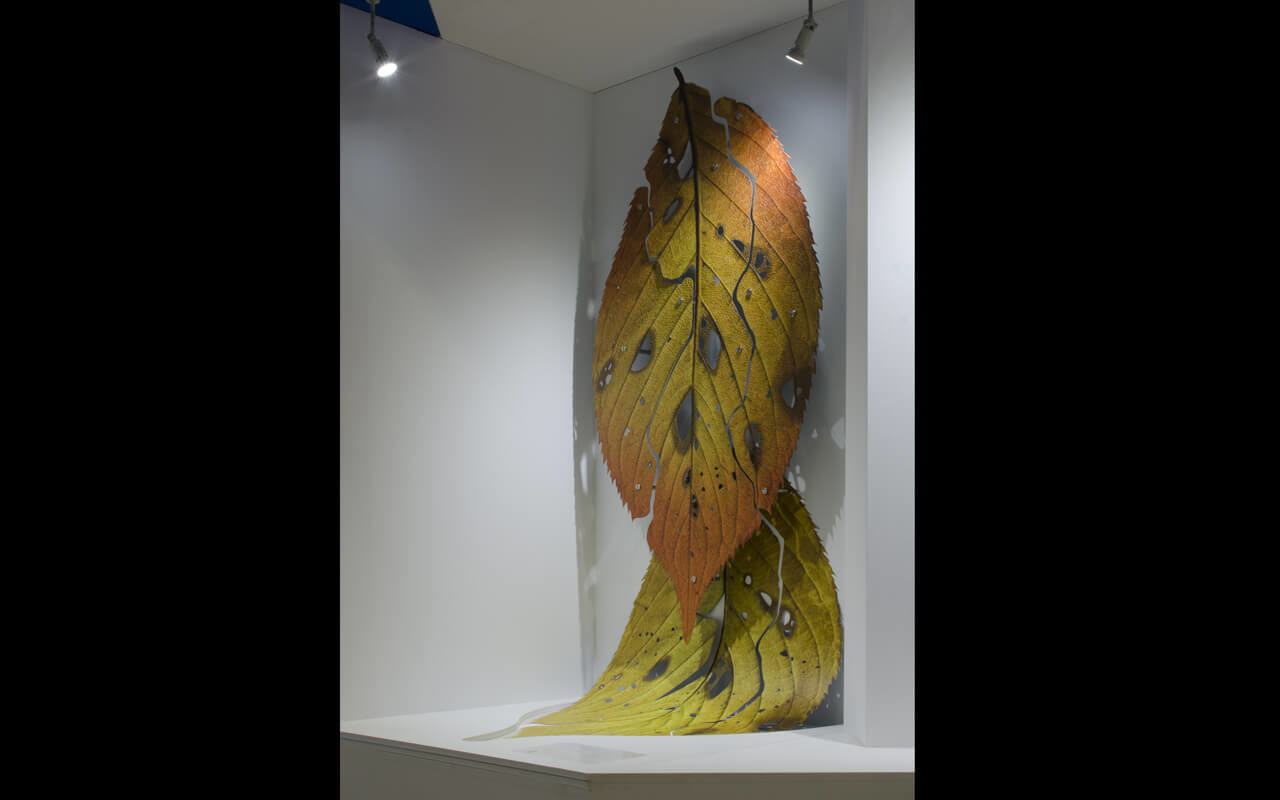 「4features」と名付けられたこの巨大な葉は日鉄日新製鋼株式会社様の開発品である「高意匠イクジェット印刷鋼板」を用いたオブジェであり、 インクジェット印刷鋼板の4つの技術的特徴を活かすことで造られています。